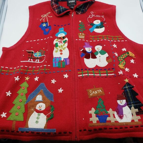 Vintage Designers Originals Studio Sweater Vest Women red 3X Snowman Christmas - Picture 8 of 9